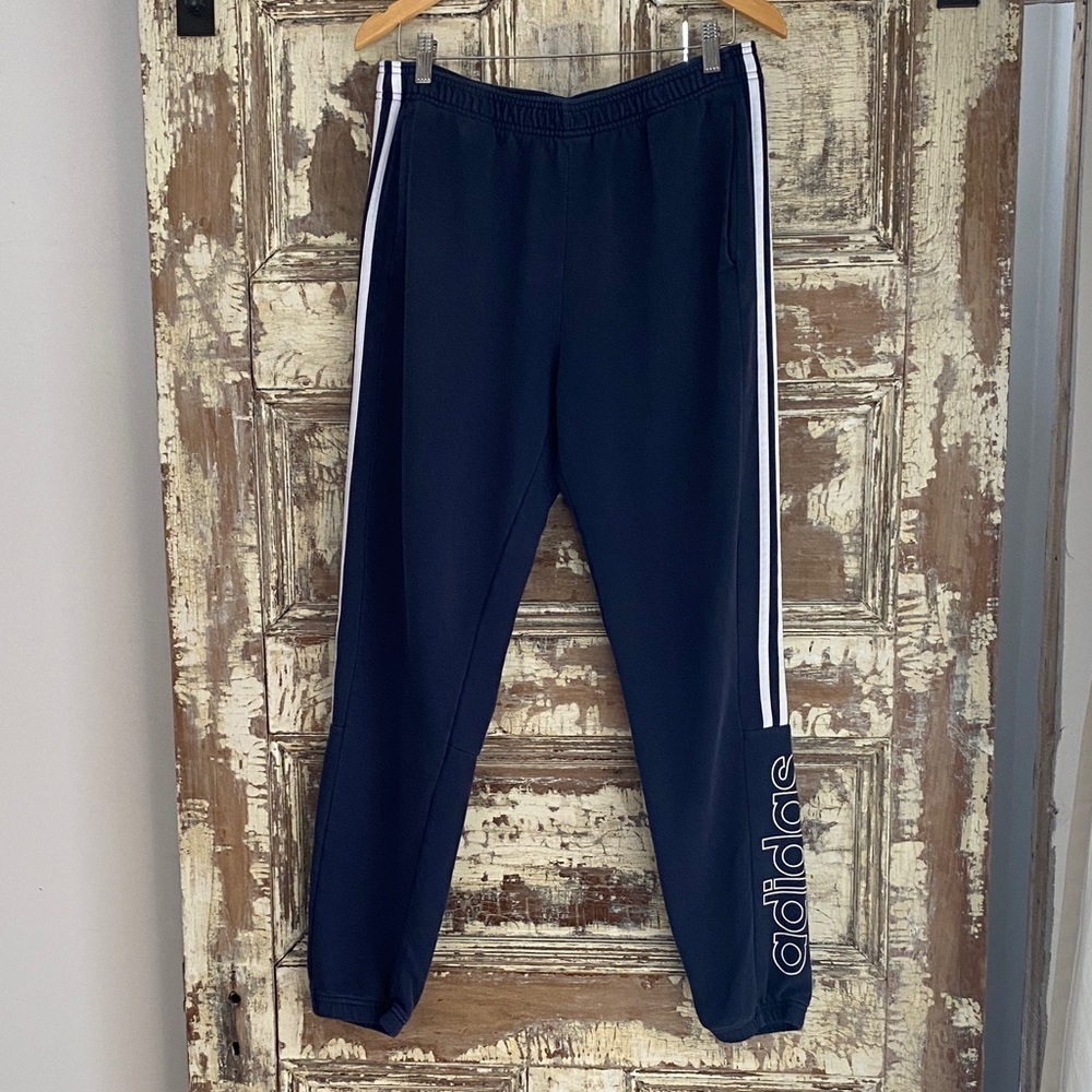Adidas Men's Navy Joggers with White Stripes & Logo, Size L